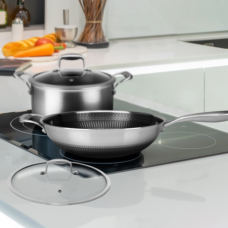 NutriChef 12-Inch Stainless Steel Nonstick Wok with Glass Lid