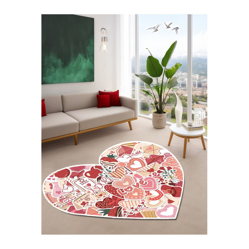 Tapis décoratif tissé lavable à la machine avec texte et cœur, Rond 3 pi 3 po