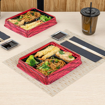 Restaurantware-Bento Tek 15.2 Ounce Meal Prep Containers, 100 Disposable To Go Food Boxes - Lids Sold Separately, 4 Compartments, Red And Black Plastic Bento Lunch Boxes, Freezable, For Take Out