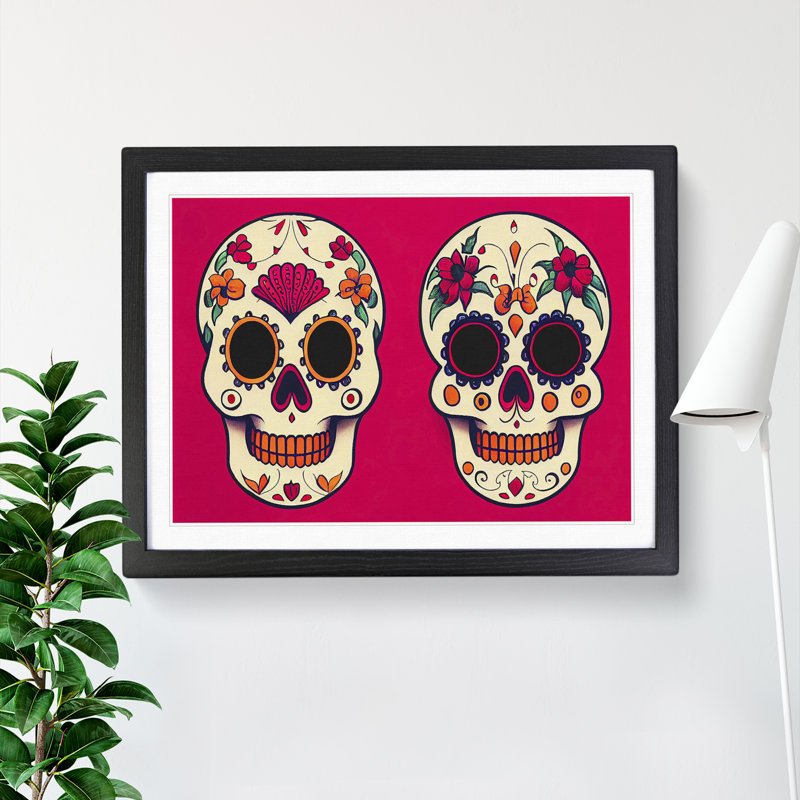 Floral Sugar Skulls - Single Picture Frame Print, 34cm H x 46cm W x 2cm D, Black