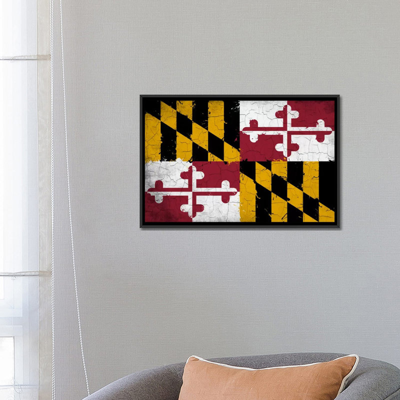 «Maryland Flag», impression grunge sur toile, H 40 po x l 60 po x P 1,5 po, Toile avec cadre noir, Pas de tapis