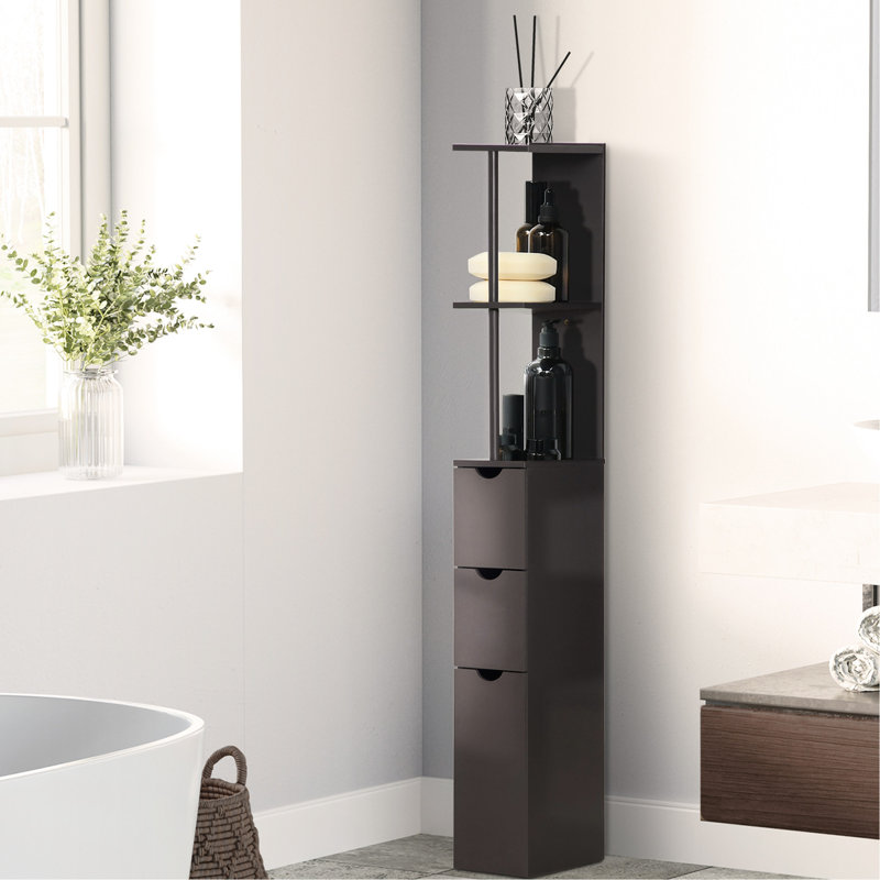 Rangement autoportant pour salle de bain de 54 po de hauteur, tour à linge avec 2 tablettes et tiroirs, armoire étroite peu encombrante, rangement brun