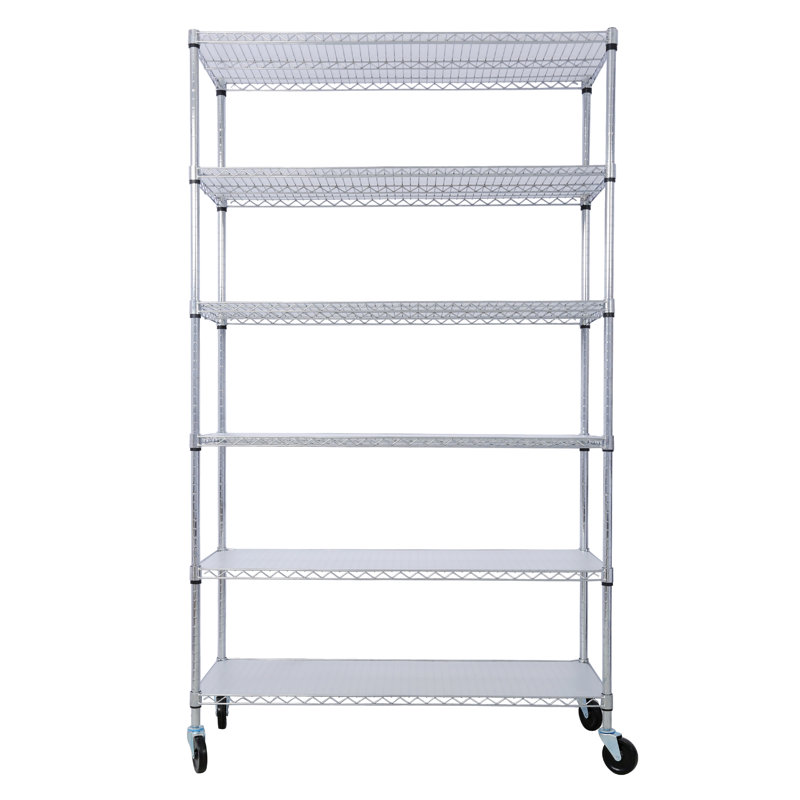 Étagère à 6 niveaux en fil métallique robuste - capacité de 6 000 lb. Support de rangement certifié NSF avec roulettes et doublures de tablettes pour l'organisation de garage, de cuisine et d'entrepôt commercial.