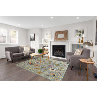 Tapis gris contemporain en laine noué à la main Oushak
