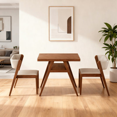 Solid Wood 3-Piece Dining Set, Under-Table Open Storage & Tiered Stackable Design Chairs for Small Spaces