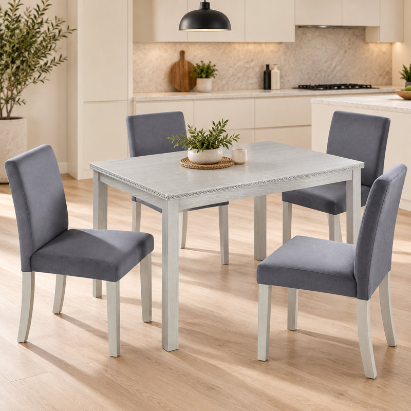 Ensemble de table de salle à manger en bois 5 pièces, ensemble de table de cuisine avec table rectangulaire et 4 chaises rembourrées, ensemble de table de salle à manger en bois avec décoration en cristal et chaises, gris argenté