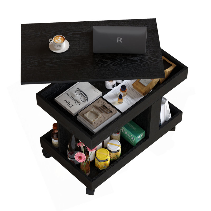 Petite table basse avec roulettes, table d'appoint multifonctionnelle rotative à 360 °, table de bout roulante avec compartiment de rangement, table de chevet mobile pour le salon, la chambre et le mobilier de maison