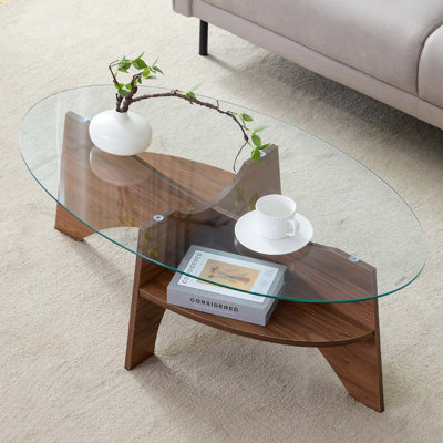 Oval Tempered Glass Coffee Table with Multi-Functional Fan-Shaped Base Design