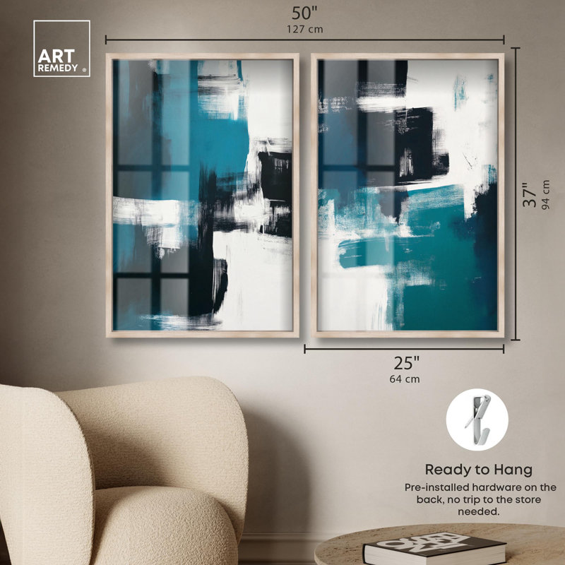 «Teal Dynamics Shadowbox», ensemble d'art mural bleu par Art Remedy, cadre blond, 24 x 36, 37" H x 25" W, Blonde Frame