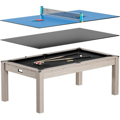 7FT 3-in-1 Pool Table with Dining & Ping Pong Top, Multi-Game Billiards Table with Accessories, Convertible Game Table with Wood Grain Finish & Chrome Accents, Black
