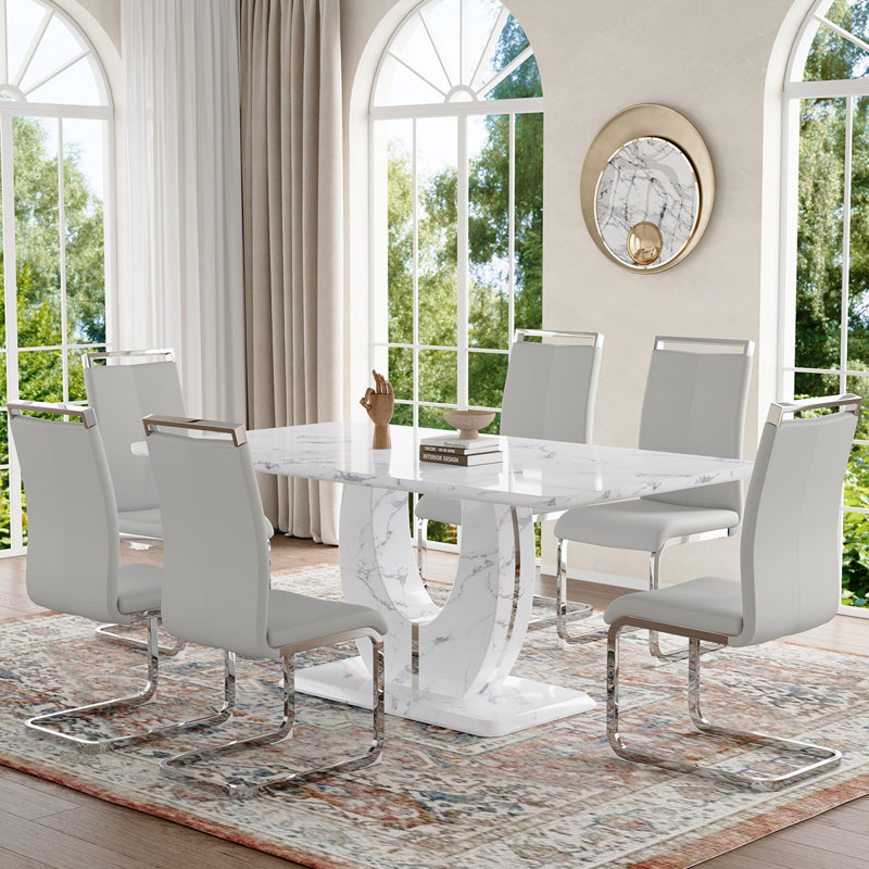 Ensemble de table de salle à manger, Gris léger / argent, Marbre blanc, 7 pièces