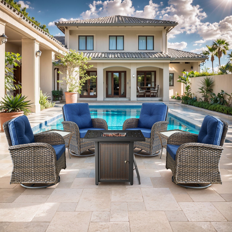 Aluel 7-Pieces Outdoor Wicker Rocking and Swivel Chairs & Fire Pit Table Conversation Set With Cushions
