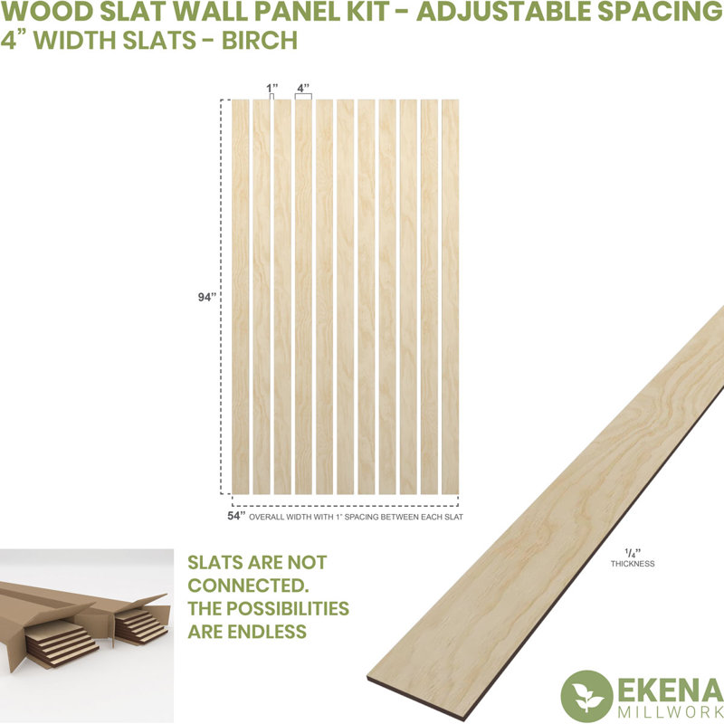 Adjustable Wood Slat Wall Panel Kit, Birch, 3"W x 47"H x 0.25"T