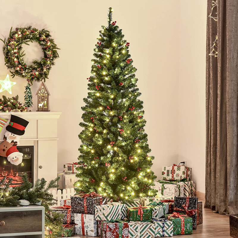 HOMCOM Prelit Pencil Christmas Tree w/ LED Light Berry Xmas Decoration, 6' H