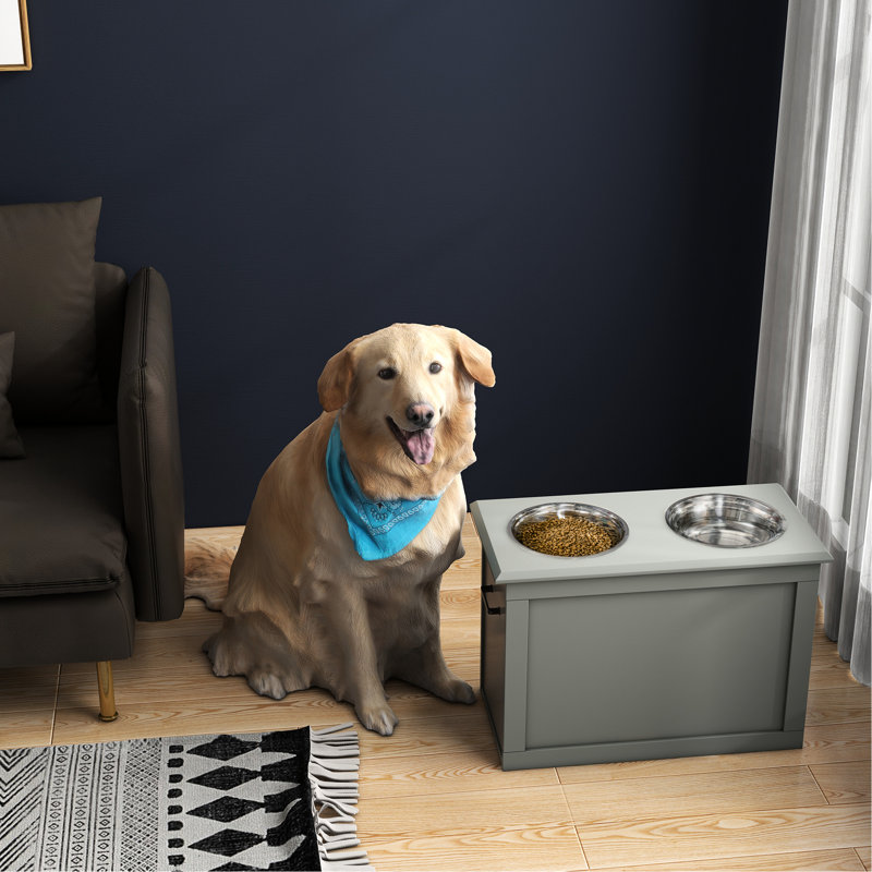 Large Dog Elevated Feeding Framework With 2 Stainless Steel Bowls, Grey - Improves Posture And Mobility, Easy To Transport, Has Storage Space For Pets Pet Structure Removable Minimizes Spine Strain,