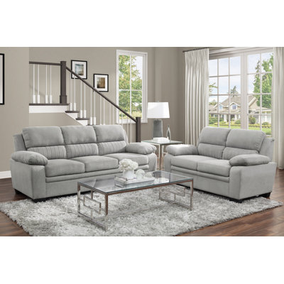 Modern Living Room 3Pc Sofa Set Plush Comfortable Sofa Loveseat Chair Grey Textured Fabric Channel Tufting Solid Wood Frame Furniture