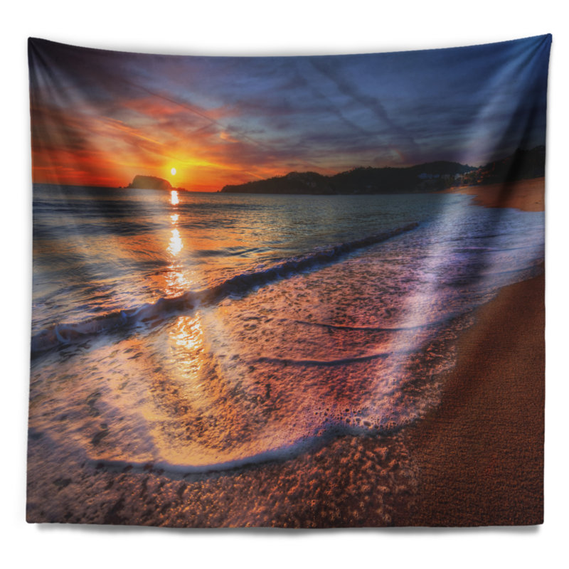 Tapisserie coucher des vagues de mousse à coucher de mer à magnifique coucher de soleil, H 78 po x l 92 po