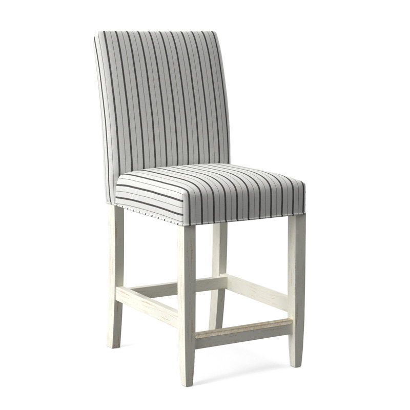 Manhattan Upholstered Stool with Solid Wood Frame, Green and Blue Stripe; 0252-54, Antique Frost White Finish