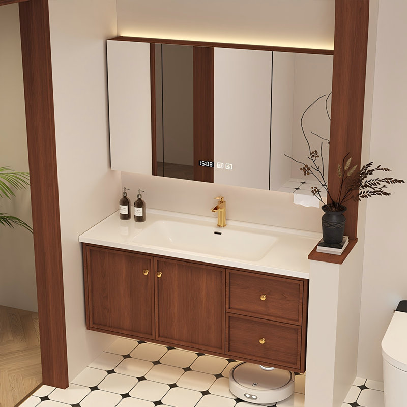 Meuble-lavabo mural en bois d'hévéa avec lavabo en céramique intégré et armoire à pharmacie intelligente