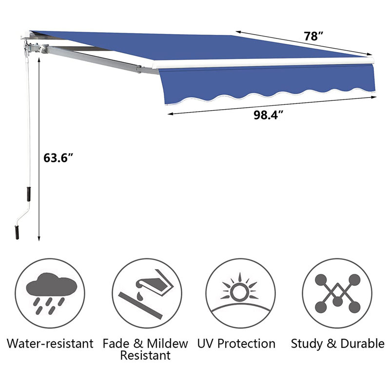 BESUNYST 63.6'' Fabric Cover Retractable Patio Awning, 63.6" H x 98.4" W x 78" D, Blue