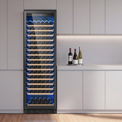 Réfrigérateur à vin 189 bouteilles encastré / autoportant à 189 bouteilles avec thermostat réglable, éclairage à DEL bleu, 16 tablettes amovibles en bois de hêtre, porte en verre résistante aux rayons UV, compresseur silencieux