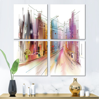 Road In City Art - Cityscape, reproduction d'art sur toile, ensemble de 4 pièces