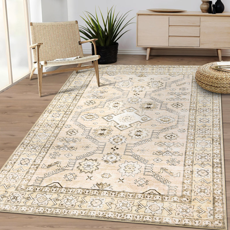 Machine Washable Rug with Rubber Backing for Living Room Vintage Non-Slip Dining Room Rug Easy-Cleaning Oriental Floor Carpet for Bedroom Office Playroom
