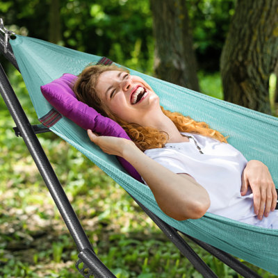 Tranquillo Foldable Hammock Stand, 600 lbs Capacity Double Hammock Stand for 2 Persons, Premium Steel Stand and Breathable Polyester Hammock Net, Peacock