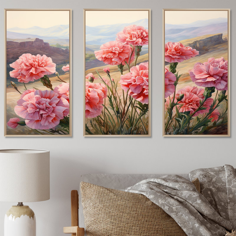 «Carnations Charm In Mountain Scenery», ensemble d'art sur toile, H 40 po x l 60 po x P 1 po, Cadre naturel flottant