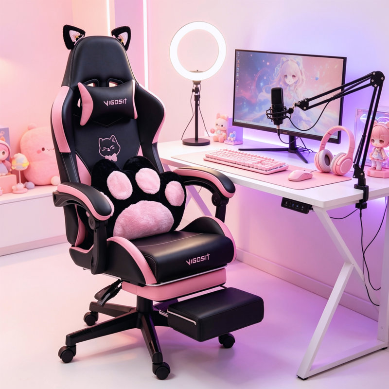 Chaise de jeu noire mignonne avec coussin lombaire en forme de patte, chaise de jeu vidéo pour ados, Noir