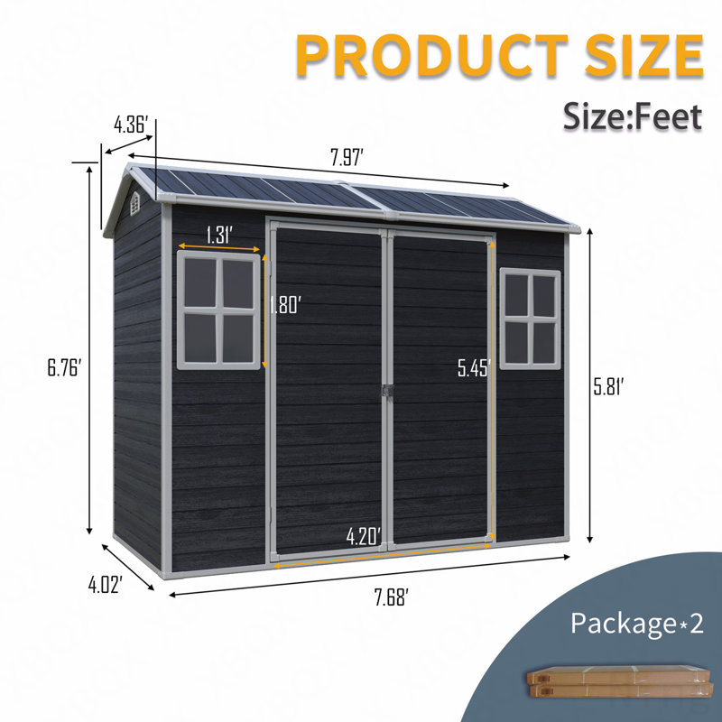 8 Ft X 4 Ft Outdoor Storage Shed With Two Windows And Double-Doors, Plastic Shed With Floor