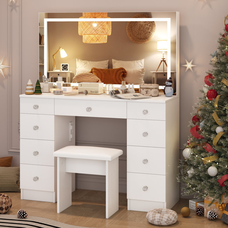 Vanity Set With LED Mirror & Power Outlets, 9 Drawers with Diamond Handles