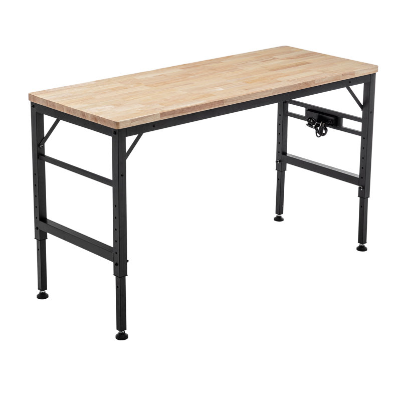 Adjustable Height Workbench, 60" Rubber Wood Top Heavy duty Workstation with Power Outlets, 2000 LBS Load Capacity Hardwood Worktable for Workshop, Garage, Office, Home