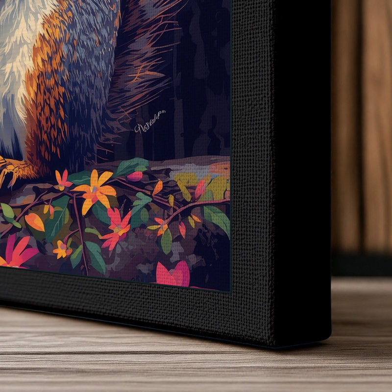 Squirrel Among Flowers Boho - Wrapped Canvas, 24x16 - 61.0 x 40.6 cm, Black Border