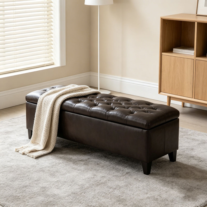 Banc repose-pieds avec rangement, surface en polyuréthane, pieds en bois d'hévéa, capacité de 300 lb , Marron foncé