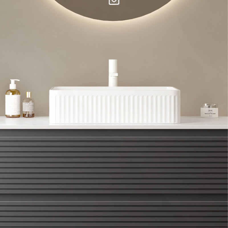 Lavabo de salle de bain 20 po, vasque rectangulaire en céramique rayée sans robinet, sans armoire, blanc, Blanc
