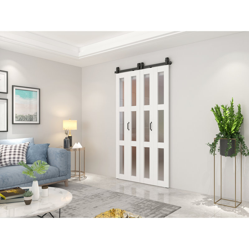 48 po x 84 po 3 portes pré-assemblées en verre givré blanc pré-assemblé avec panneau de quincaillerie et poignée de porte