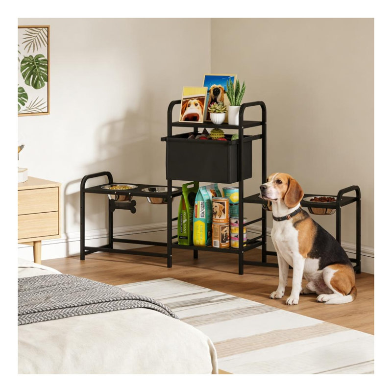 Support de bol pour chien à hauteur ajustable avec tablettes de rangement, métal noir et station d'alimentation pour animaux Oxford