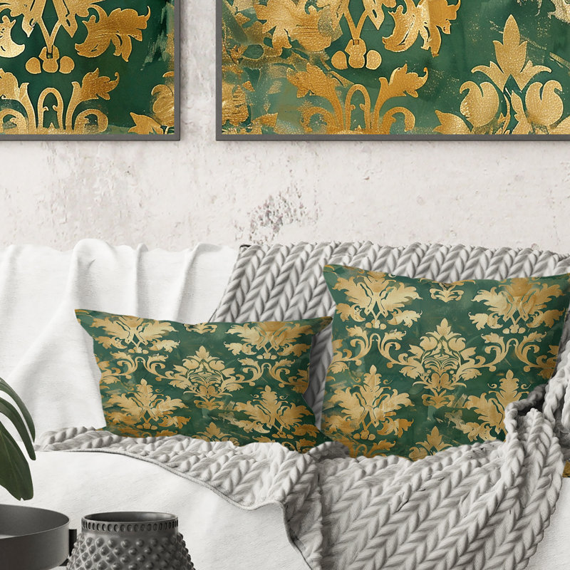 Coussin décoratif damassé Glamour II - vert doré, Forme rectangulaire, H 12 po x l 20 po