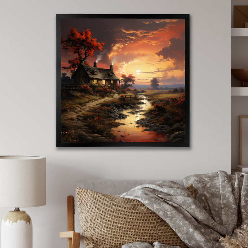 Cottage Sunset Sanctuary 1 - paysage, art mural sur toile, Cadre simple noir, H 36 po x l 36 po x P 1,5 po