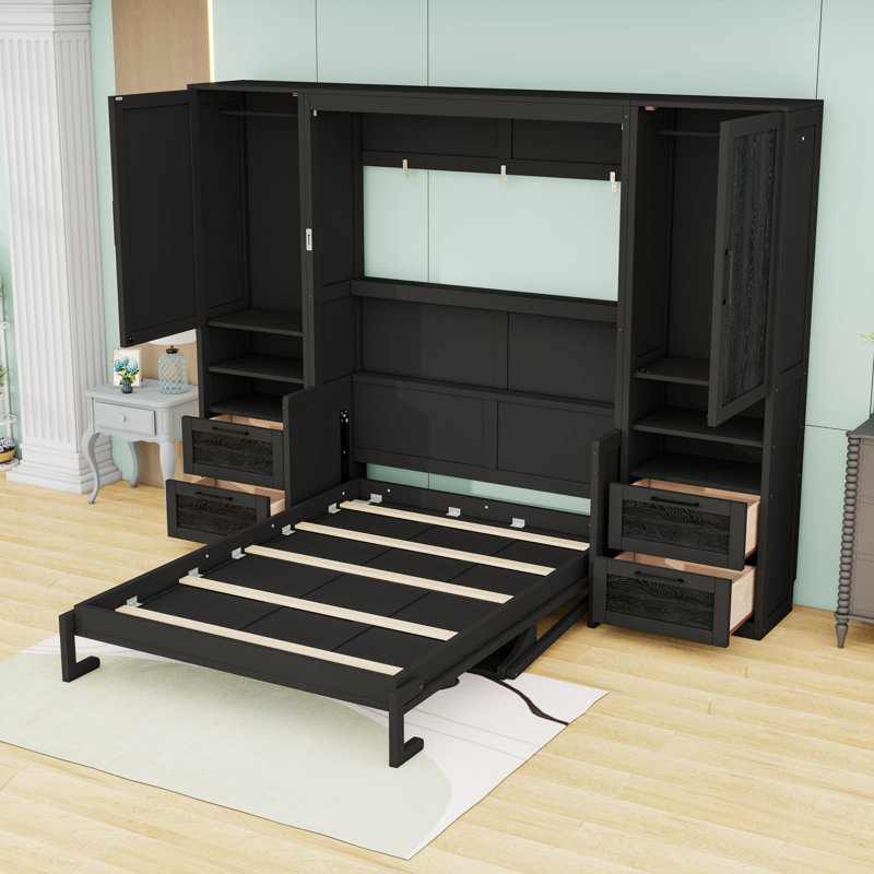 Lit escamotable en bois avec placard, tiroirs et tablettes