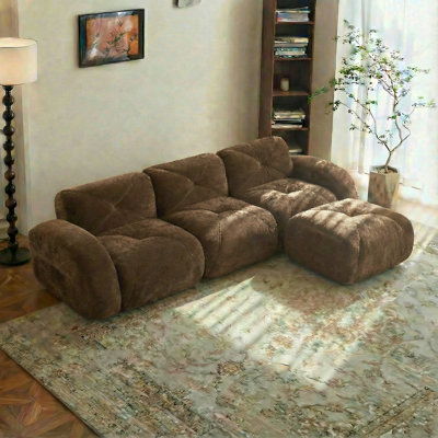 Tissu en velours doux en forme de L, canapé sans os, conception capitonnée, base ergonomique, éponge haute densité 32d, aucun assemblage requis, conception antidérapante, repose-pieds mobile pour le salon