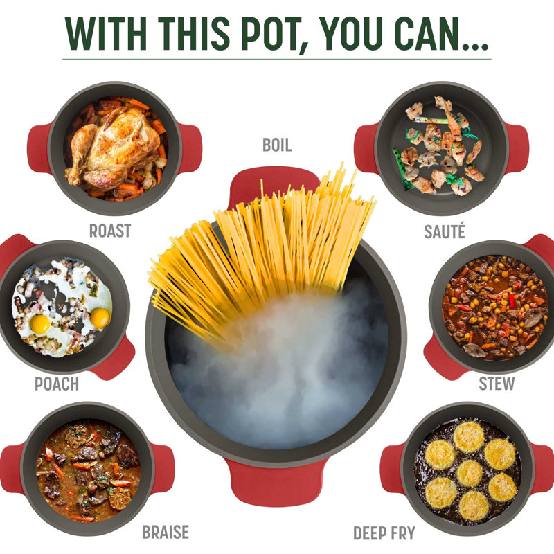 All-In-One Pot, Multilayer Nonstick, High Performance Cast Dutch Oven With Matching Lid, Roasting Rack And Turner, Made Without PFOA, Dishwasher Safe Cookware, 4.7-Quart, Crimson Red