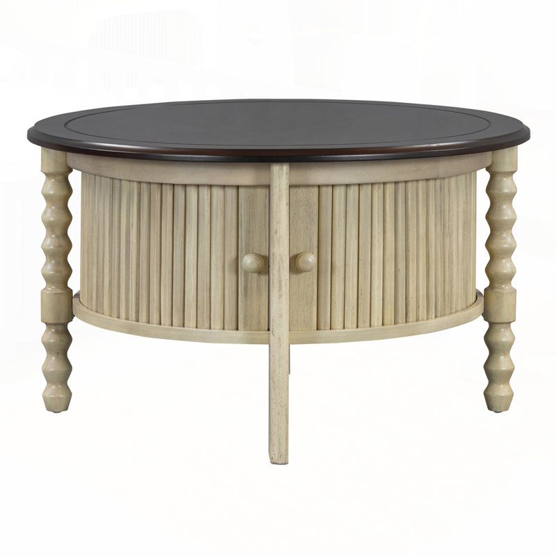 Round Coffee Table with Storage for Living Room, Beige/Espresso