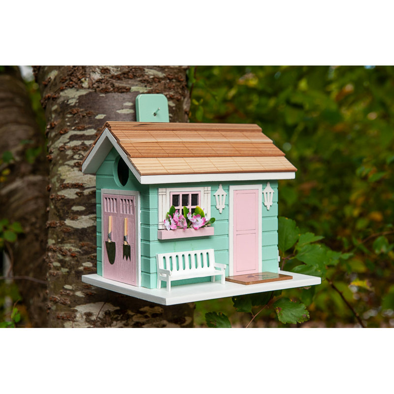 Pastel Green and Pink Wooden She Shed Birdhouse