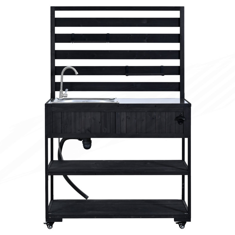Grand îlot de cuisine sur roulettes, chariot de cuisine avec évier, banc de rempotage avec plateau en acier inoxydable, Noir