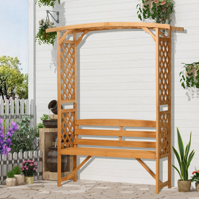 Outdoor Natural Wooden Arch Bench With Pergola And 2 Trellises For 3 Seats, Climbing Plants Party Decor, Brown, Supports 528 Lbs, 63" W X 19.75" D 78" by Ophelia & Co.