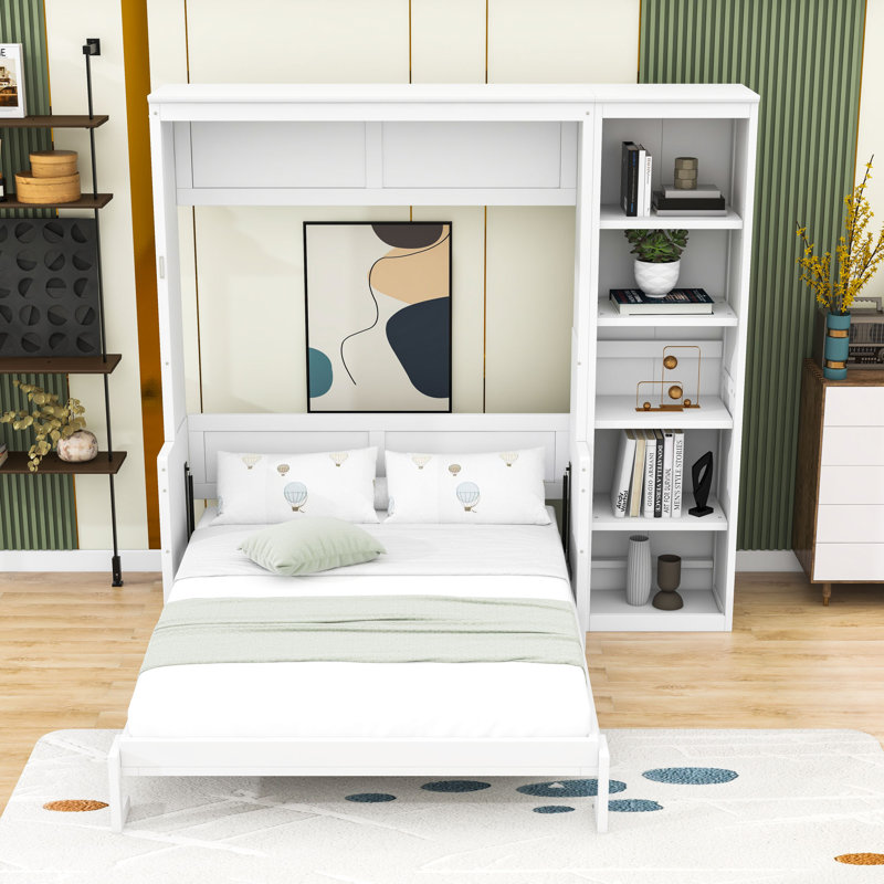 Lit escamotable en bois avec bureau et tablettes de rangement, Double, Blanc