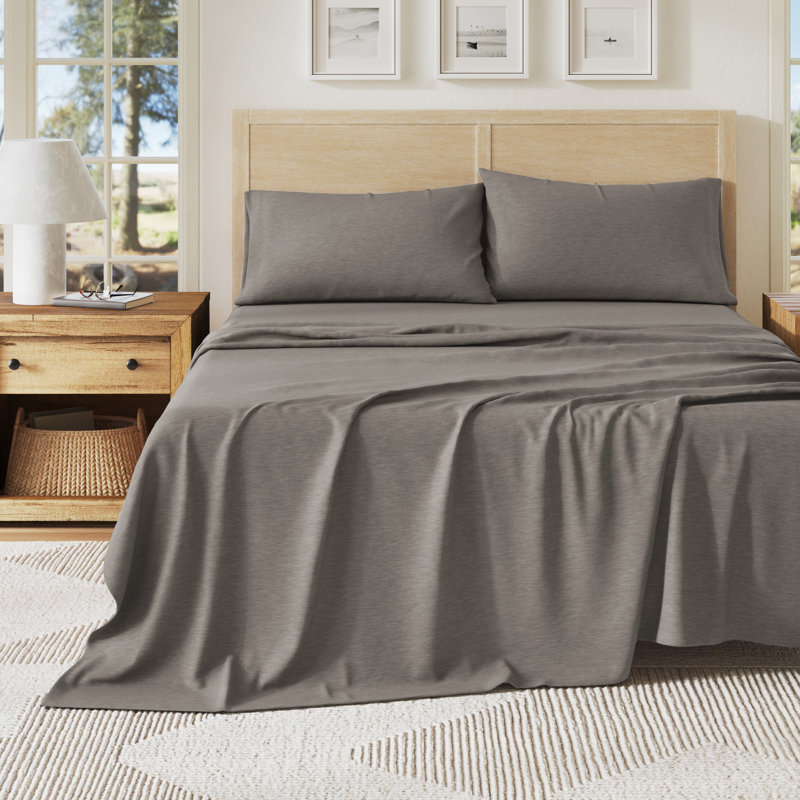 Ultra-Soft Cotton Heathered Melange Jersey Knit Sheet Set, California King with 2 Pillowcases, Heathered Mid Gray