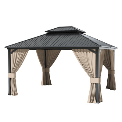 12' X 14' Outdoor Hardtop Gazebo With Galvanized Steel Roof, Tan Curtains And Mosquito Netting